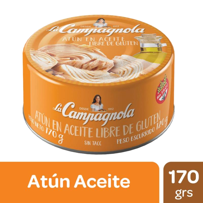 ATUN DESMENUZADO EN ACEITE Y AGUA DEL MAR LA CAMPAGNOLA 170G.